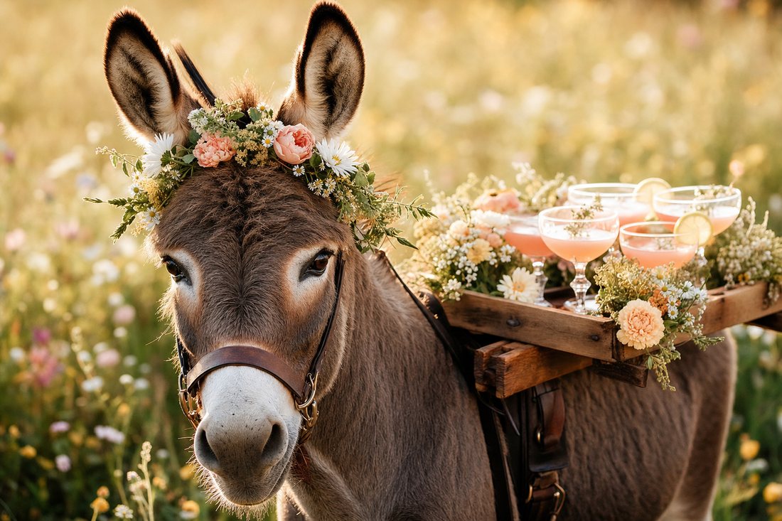 A mini donkey wearing a floral crown and carrying a wooden tray of cocktail glasses in a sunlit meadow.